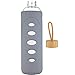 DEARRAY Sport Borosilicate Glass Water Bottle with Protective Silicone Sleeve and Unique Bamboo Lid 32oz Grey