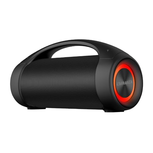 Aiwa Bocina Inalámbrica AWS600BT True Wireless con Bluetooth, LED, Resistencia IPX5, 50W RMS, Color Negro, Portátil para Exteriores, Radio Integrada, Batería Recargable y Diseño Cilíndrico