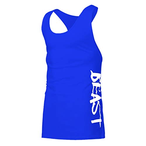 SSYUNO Men's New Summer Round Neck Sports Vest Cotton Printed I-Shaped Training Tank Top Blue - Thumbnail 4