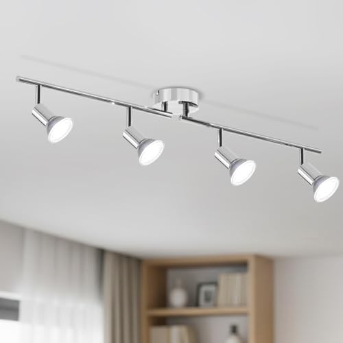 LVWIT Ceiling Lamp Spotlights with 4 Rotating GU10 Bulbs, Adjustable Chrome Interior Wall Lamp, LED Interior Ceiling Lighting for Bedroom, Hallway Kitchen (No Bulbs).