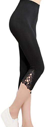 pujingge Womens Casual High Waist Soft Thin Lace Trim Capri Leggings