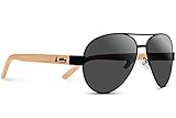 TREEHUT Wooden Bamboo Sunglasses Temples Classic Aviator Retro Metal Frame Top Gun Wood Sunglasses (Black Frame, Grey Lenses)