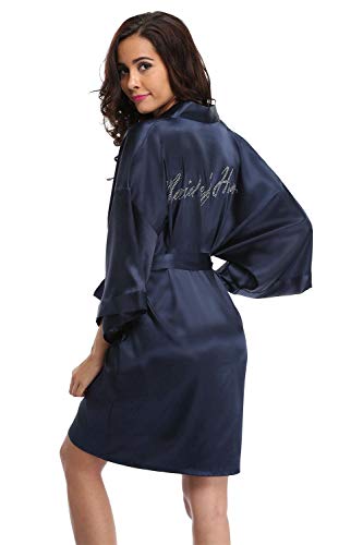 Vogue Bridal Women's Satin Rhinestone Short Wedding Kimono Robe for Maid of Honor, Navy L
