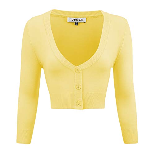 YEMAK Women's Cropped Bolero 3/4 Sleeve Button Down Cardigan Sweater CO129-BYL-1X Baby Yellow - Thumbnail 6