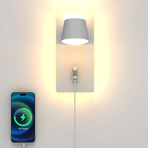 Sytmhoe 2 Pieces Wall Lamps Design White Interior with Built-in Switch USB Type C, Dimmable 3000 K 16 W Wall Lights for Bedroom, LED Wall Light for Living Room, Apartment