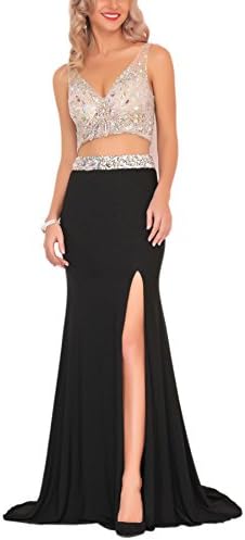 Miss Chics Women Side Slit V-neck Two Piece Beaded Evening Gown Prom Dress 2016(12,Black)