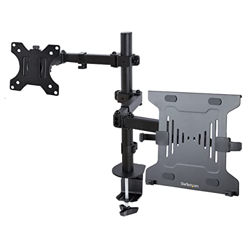 StarTech.com Brazo Soporte Ajustable para Monitor con Bandeja VESA para un Ordenador Portátil de 4,5kg y una Pantalla de hasta 32" (8kg), Negro, con Mordaza en C/Grommet (A2-Laptop-Desk-Mount)