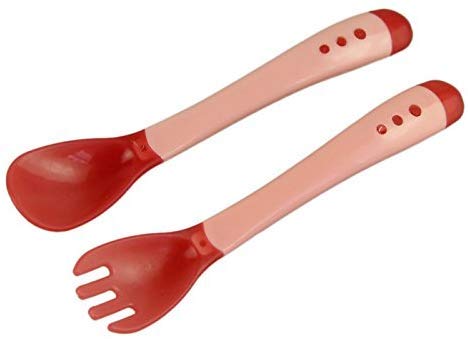 Jingle Kids Heat Sensitive Silicone Spoon & Fork Set I Temperature Sensing & Color Changing Silicone Spoon & Fork Pack for Baby/Infants/Toddlers (RED)
