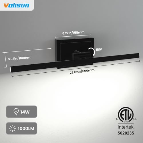 VOLISUN Modern Bathroom Vanity Light 24 inch, Rotatable, 14W Dimmable 5CCT Led Bathroom Light Fixture Over Mirror, Black Bar Vanity Light for Bathroom Mirror Restroom-ETL Certificated
