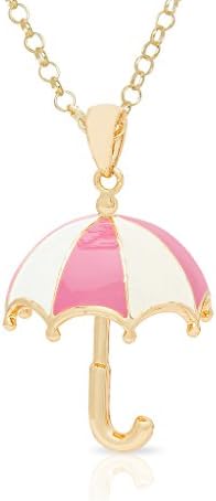 Necklace for Girl's - 3D Umbrella Pendant - Gold Plated with Pink and White Enamel - By Lily Nily