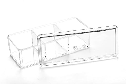 HanLingGG Acrylic Cotton Ball and Swab Holder Multifunctional Cosmetic Makeup Case Organzier Bathroom Storage Tray with 3 Compartments and Lid