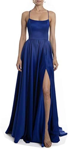 Women's Prom Dresses Long 2021 Satin Aline Slit Spaghetti Formal Evening Gowns with Pockets PM10
