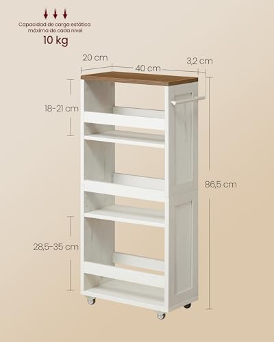 VASAGLE 4 Tier Slim Storage Trolley Kitchen Shelf with Wheels with Handle Small Space 20 x 43.2 x 86.5 cm Bathroom Laundry Rustic Cream White and Honey Brown LRC051K01