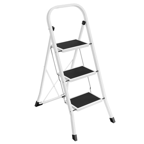 Scaletta, Scala a 3 Gradini, Scaletta Pieghevole, Chiusura di Sicurezza per Piegamento, Facile da Riporre, Portante 150 kg, Bianco Semplice GSL03WT
