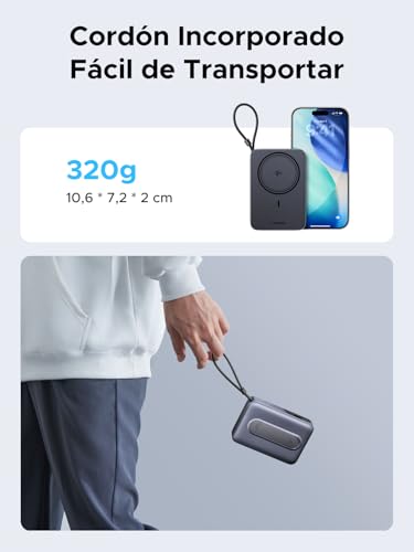UGREEN 10000mAh Power Bank QI2 15W Inalámbrico PD 30W Carga Rápida, Bateria Portatil iPhone con Cable USB-C Integrado y Soporte Plegable, Pila Portatil Magsafe Compatible con iPhone 17/16/15, Galaxy