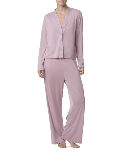 Splendid Women’s Long Sleeve Cardigan, Crop Tank and High Waisted Pant 3-Piece Pajama Set, Keepsake Lilac