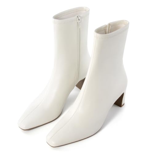 AprCoco Women’s Small Square Toe Ankle Boots Block Heel Booties,7.5,White at Amazon