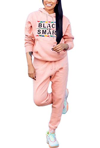 Women Two Piece Sports Outfit Set Hoodie Letter Print Shirt Long Pants Tracksuit Sportswear Set Pink XL