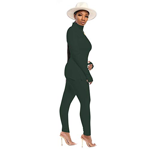 2 Piece Outfits for Women - Sexy Rib Knitted Long Sleeve Tops + Skinny Pants Tracksuit Set X-Large Dark Green - Thumbnail 3