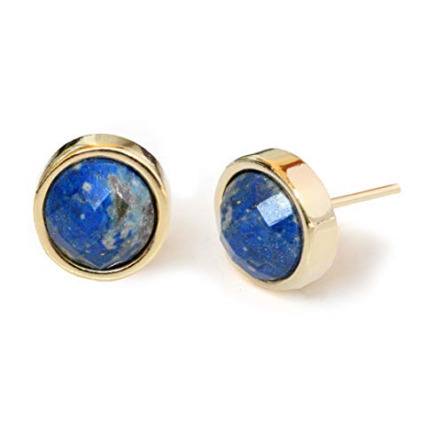Sonia Hou FIRE Ear Studs 24K Gold Round Blue Denim Lapis Lazuli Gemstone Earrings 9mm | 3-Way Convertible | Hypoallergenic | Women Jewelry | Birthday Anniversary Engagement for her