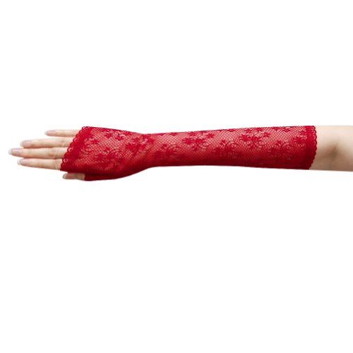 ZaZa Bridal Elegant Flower Pattern Fingerless Lace Gloves Below-the-Elbow Length-Red