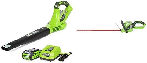 Greenworks 40V 150 MPH Variable Speed Cordless Blower, 2.0 AH Battery Included 24252 with 24-Inch 40V Cordless Hedge Trimmer with Rotating Handle, Battery Not Included 22332