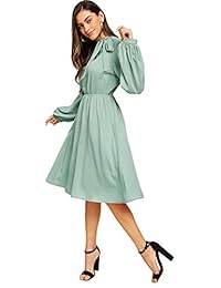 Romwe - Vestido plisado estilo vintage elegante con cuello de corbata y manga