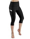 ODODOS High Waist Out Pocket Yoga Capris Pants Tummy Control Workout Running 4 way Stretch Yoga Capris Leggings,Black,Large