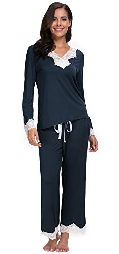 Jusfitsu Womens Cotton Pajamas Set Long Sleeve Top Shirt with Pants Sleepwear Modal Soft Loungewear Lace Navy Blue M