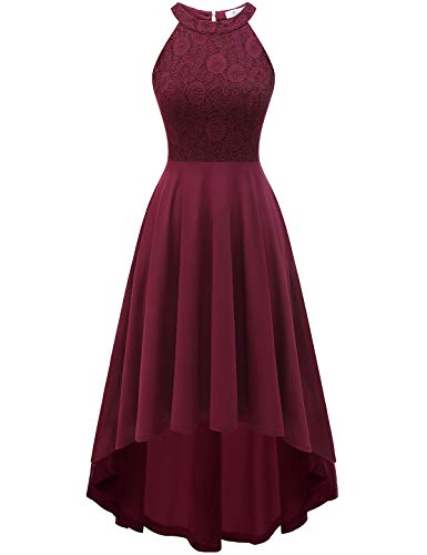 YOYAKER Women's Halter Lace Cocktail Party Swing Dress High Low Bridesmaid Prom Dresses Burgundy S