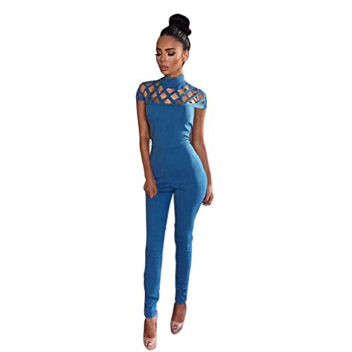 Jumpsuits,Morecome Womens Choker High Neck Caged Sleeve Playsuits Rompers (S, Blue)