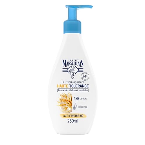 Le Petit Marseillais | Beruhigende Pflegemilch mit hoher Toleranz Bio-Hafermilch (250 ml Pumpflasche) – Körpermilch für sehr trockene und empfindliche Haut – 95% natürlichen Ursprungs und 48 Stunden