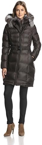Down Coat Genuine Fox Fur Hooded Belted Down Coat Brown (L)