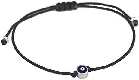 Unisex Silver Plated Tiny Evil Eye of Protection Black String Bracelet; Nylon