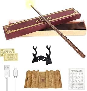 CJBIN Hermione Granger Wand Glow, 38CM Hermiones Wands Light Up, USB Charging Hermione Granger Wands, Magic Wand in Gift Box with Card, Station Ticket, Map, and Holder