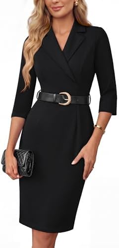 GRACE KARIN Women's Wear to Work Dresses V Neck 3/4 Sleeve Dress Black Formal Dress for Women with Belt S at Amazon Women's Clothing store GRACE KARIN Women's Wear to Work Dresses V Neck 3/4 Sleeve Dress Black Formal Dress for Women with Belt S at Amazon Women's Clothing store