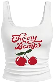 WDIRARA Women's Cherry Print Curve Hem Tank Top Sleeveless Scoop