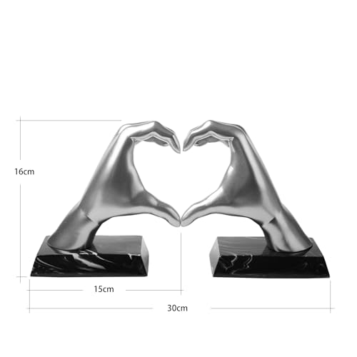 HAUCOZE Soporte de Libros Sujetalibros, Corazón Mano Escultura Decoración Moderna Arte Interior Estatua Hogar Regalo para Salón Oficina Comedor Plata 31cm