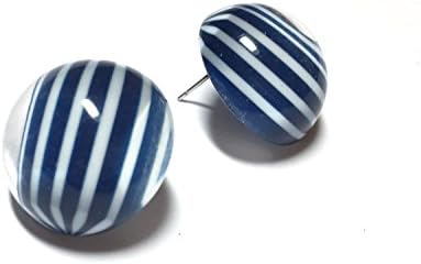 LEETIE LOVENDALEBlue Stud Earrings | Navy Blue Striped Retro Button Studs Earrings | nautical preppy vintage lucite posts