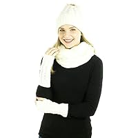 Exotic Identity Pom Pom Hat, Infinity Scarf, and Fingerless Gloves Cable Knit 2-Piece Gift Set Out and About Cold Weather Wear for Women - One Size - White