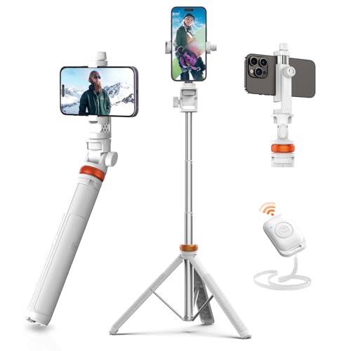 EUCOS 62" Tripod for iPhone, Sturdy Selfie Stick Tripod with Remote & Lightweight Phone Stand, Solidest Portable Cell Phone Tripod, Compatible iPhone Pro Max/Android [White] | Extendable Cell Phone Stand & Ultimate Phone Holder, Solidest Phone Stand Compatible with iPhone/Android