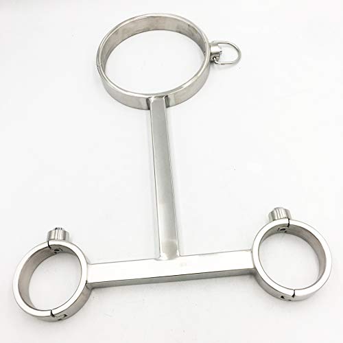 BDSM Fetish Neck Collar with Handcuffs Sex Bondage Toys, Metal T-Shape Stainless Steel Restraints Adult Games Sex Toys for Couples,Male