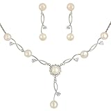 EleQueen Women's Cubic Zirconia Simulated Pearl Bridal Necklace Earrings Jewelry Set Ivory Color
