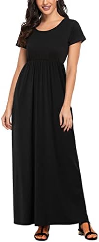 AUOMITH Black Maxi Dress for Women Short Sleeve Long Black Dress with  Pockets Empire Waist Casual Flowy Dress(Black,S) at Amazon Women's Clothing  store