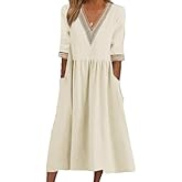 Women's Lace Trim V-Neck Midi Dress 1/2 Sleeve Belted Waist A-Line Casual Elegant Gown Flowy Skirt with Pockets