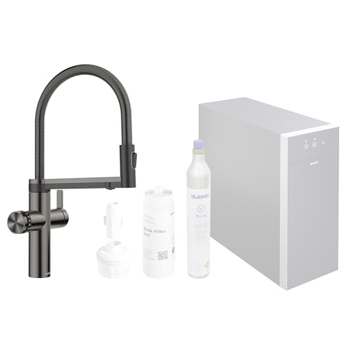 BLANCO CHOICE Icona Robinet de cuisine en acier inoxydable satiné dark steel Robinet multifonction tout-en-un Eau froide calme, moyenne, pétillante et bouillante Avec application pour personnaliser