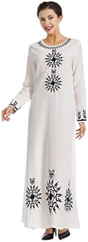 HEFYBA Women's Muslim Dress Embroidered Print Maxi Dress Elegant O-Neck Long Sleeve Vintage Ethnic Islamic Prayer Dress