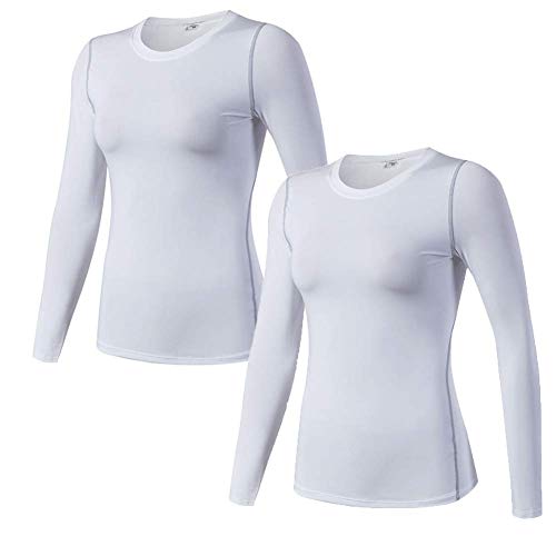 WANAYOU Women's Compression Shirt Dry Fit Long Sleeve Running Athletic T-Shirt Workout Tops (XL(US8), 2 Pack White)