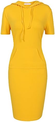 Menglihua Womans Basic Bodycon Pullover Hooded Hoodies Dress with Kangaroo Pockets Yellow Short Sleeve Small