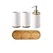 JIWEIMO 4 Piece Ceramic Bathroom Accessories Set ，Includes: Soap Dispenser Pump, Toothbrush Holder, Tumbler and Wooden Tray. Version 2.0